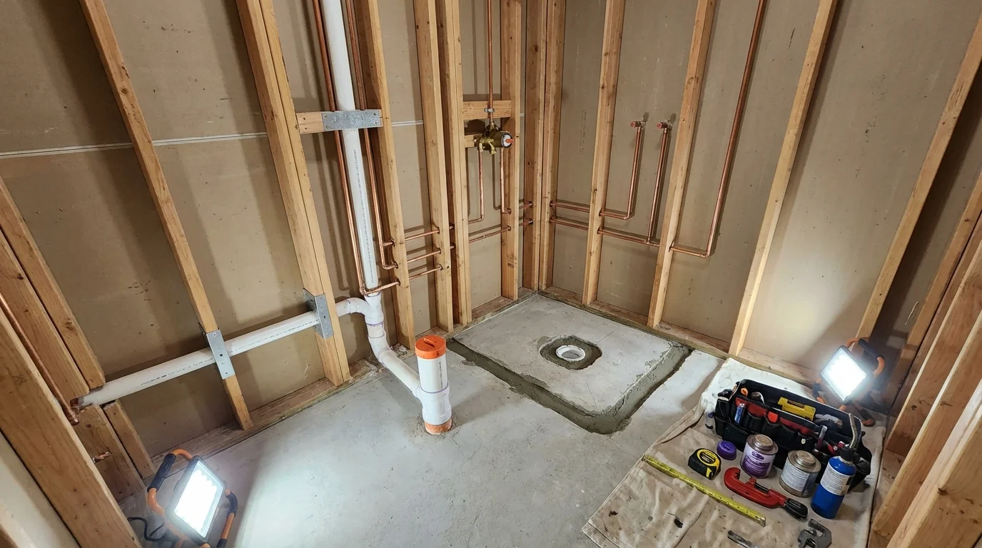 Bathroom rough-in plumbing during remodel by Johns Plumbing LLC in Chase City