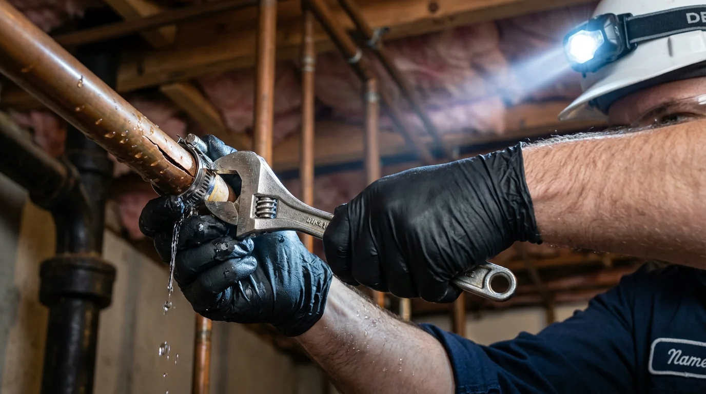 Emergency pipe clamp repair being performed by a Johns Plumbing LLC plumber in Chase City