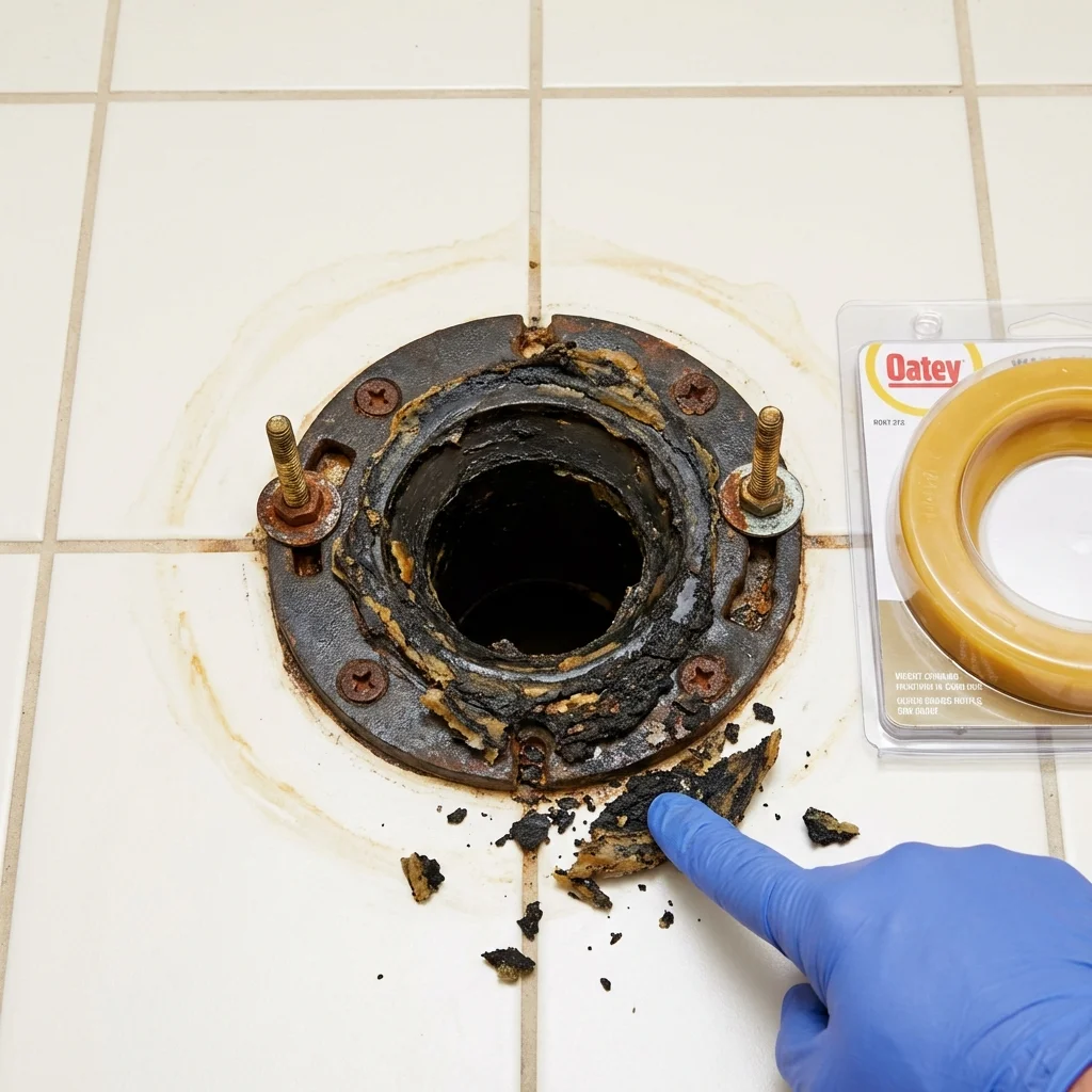 Failed wax ring showing water seepage at the base of a toilet in a Chase City, VA home