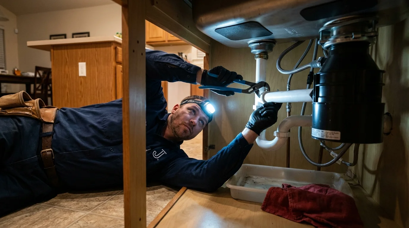 P-trap and supply line connections under a kitchen sink showing a common leak point in Chase City, VA